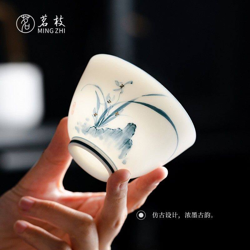 茗枝羊脂玉瓷沐风辰杯主人杯功夫茶杯单杯青花喝茶碗品茗杯中式