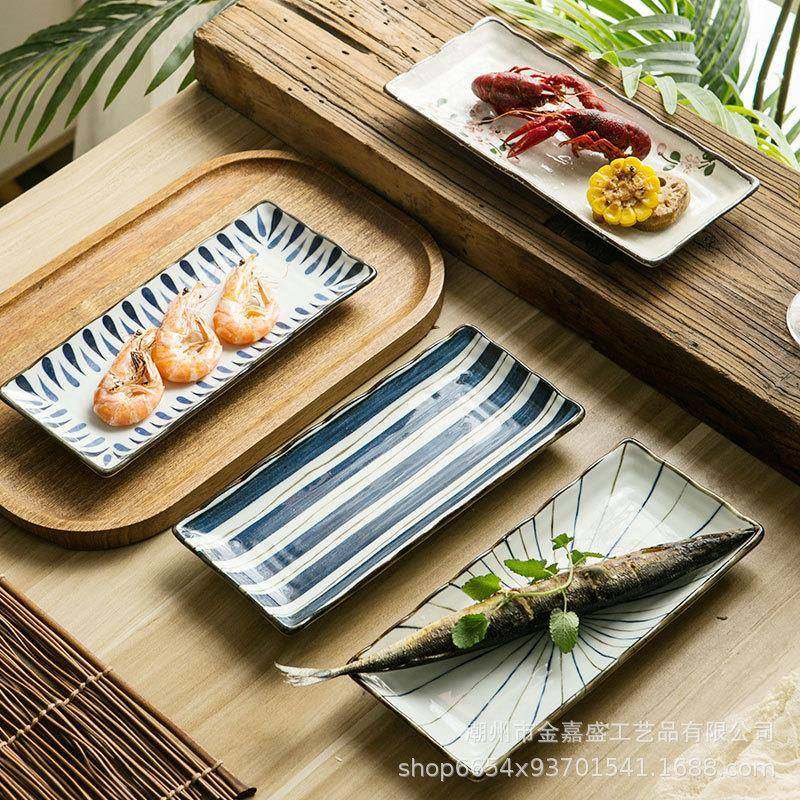 爆款日式和风10寸长方盘寿司盘手绘釉下彩陶瓷餐具鱼盘菜盘饭盘,餐饮具,盘,淘宝优惠券,粉丝福利购,淘宝优惠卷