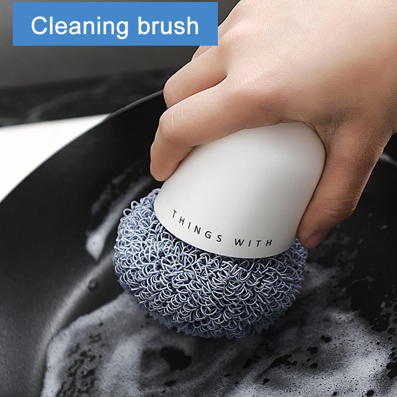 Steel Wire Ball Cleaning Brush with Handle Kitchen Cleaner T