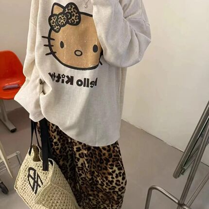 韩国东大门夏季新款宽松休闲卡通豹纹kitty印花圆领长袖防晒T恤女