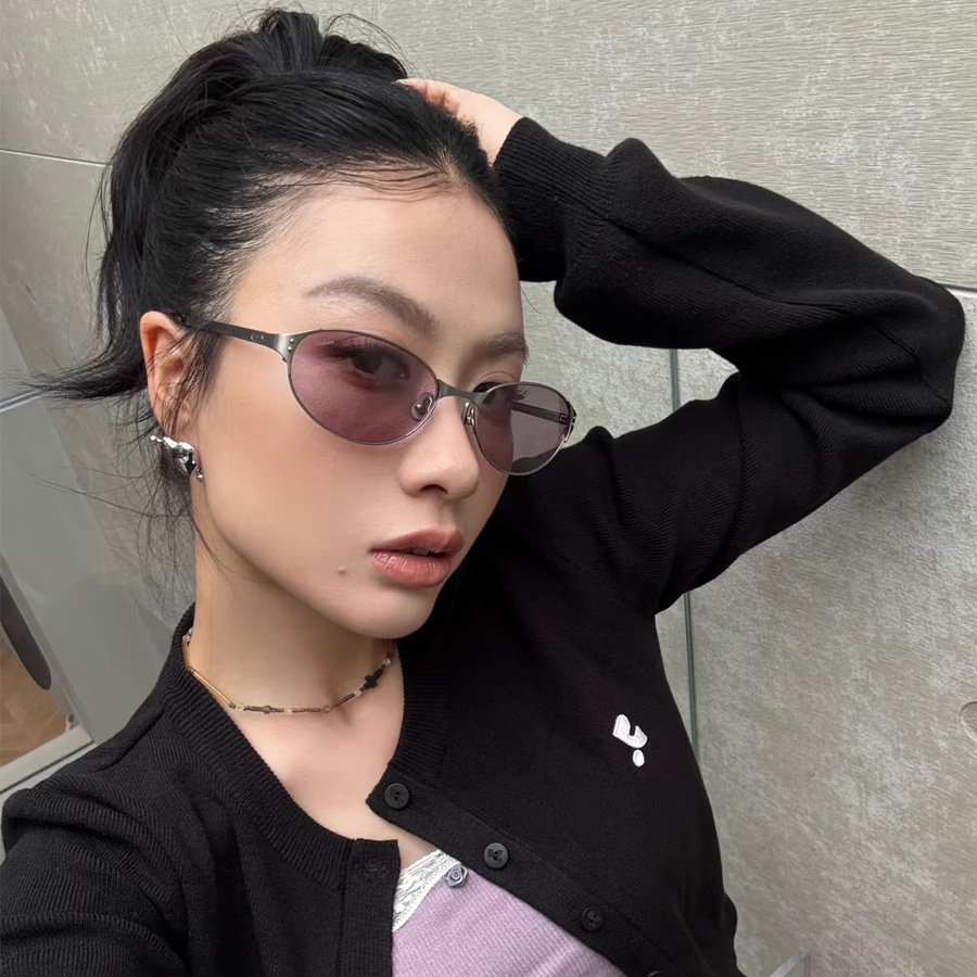 日本品质复古金属老钱风大框猫眼墨镜显脸小网红高级网感紫粉色太