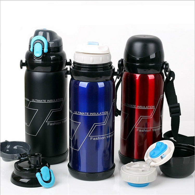 日本品质双盖保温杯不锈钢户外壶保冷水杯800ML大容量背带旅行壶