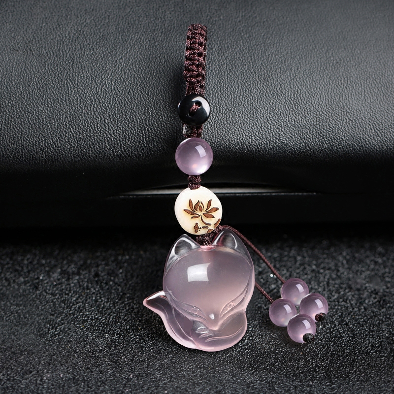 天然粉水晶狐狸挂件手机