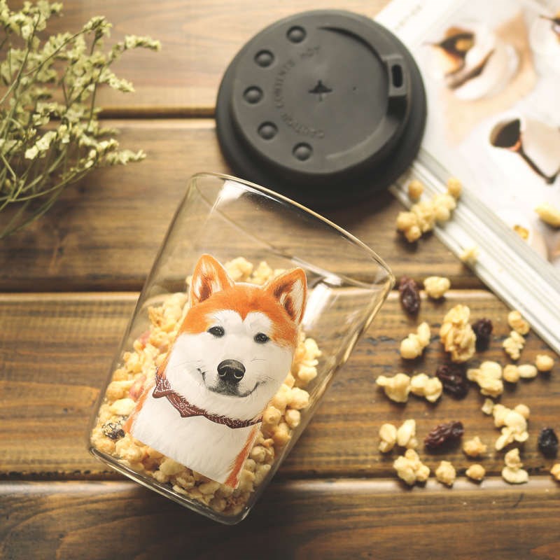 秋田系列玻璃杯子家用大容量早餐C杯透明牛奶杯麦片杯狗狗图案水