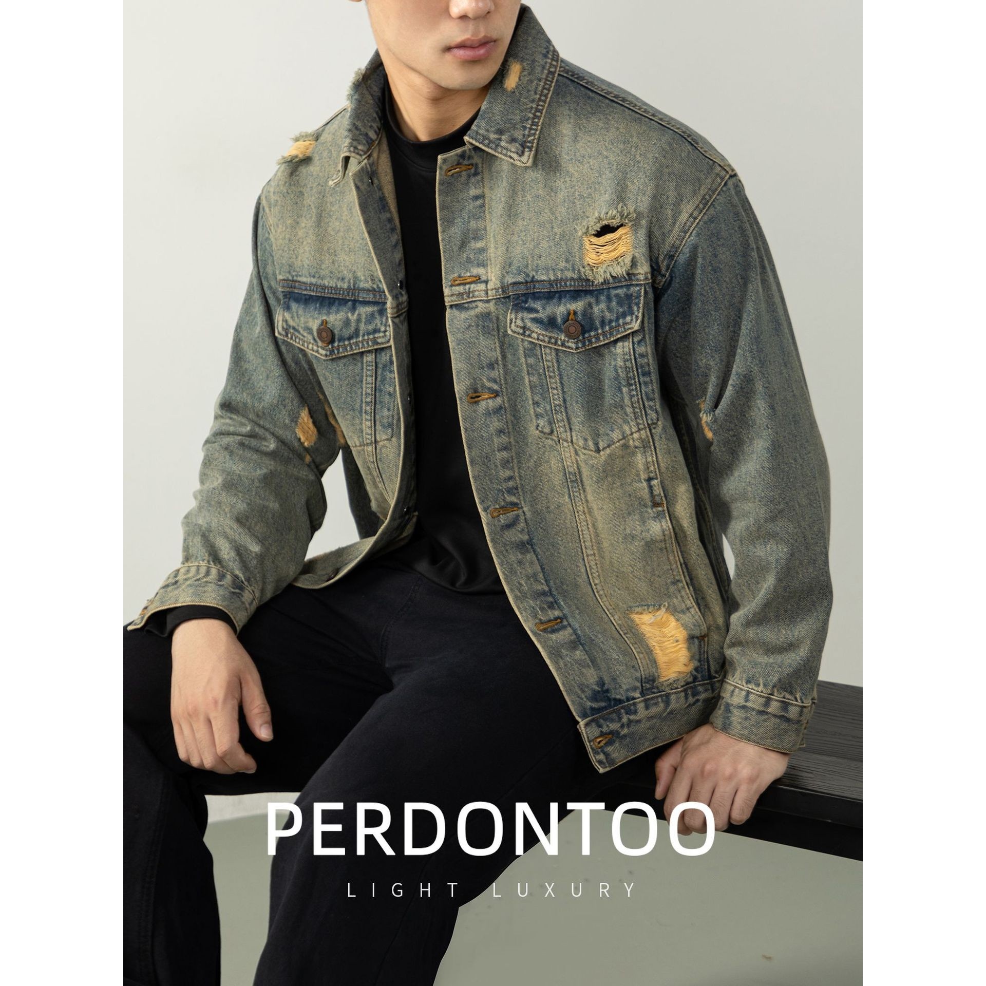 【高街巴恩风】水洗做旧破洞牛仔外套男款美式秋冬翻领夹克高ZZ72,男装,牛仔外套,淘宝优惠券,粉丝福利购,淘宝优惠卷