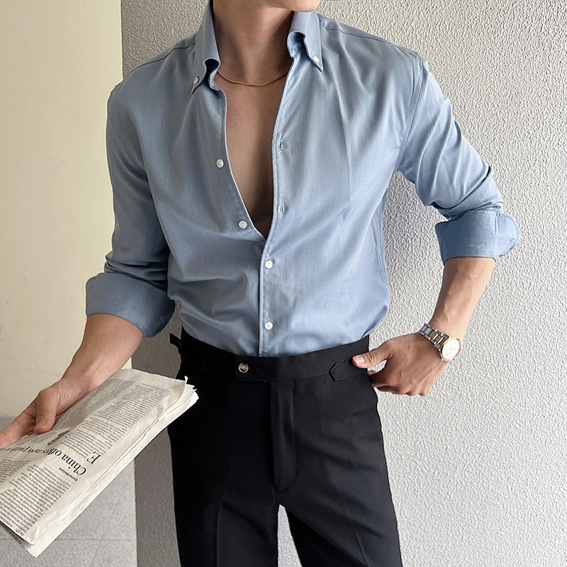 长袖衬衫男商务休闲V领免烫职业休闲痞帅白色男士衬衣潮流AA22