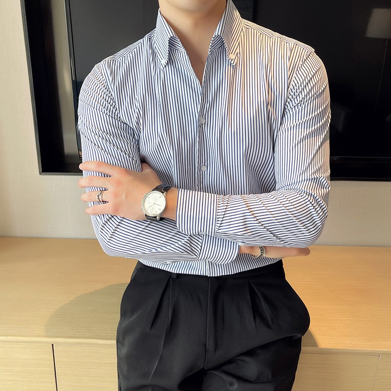 秋冬新款长袖条纹衬衫男商务休闲免烫高端男装蓝色细纹衬衣AA10