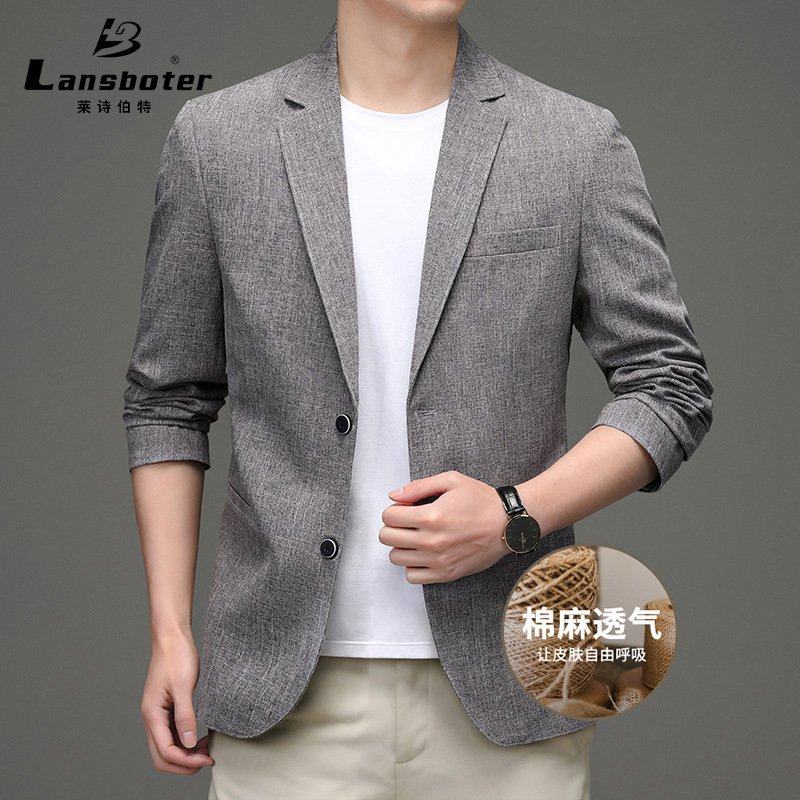 棉麻西装春秋薄款男士休闲西装修身开衩小西装亚麻外套男EC57
