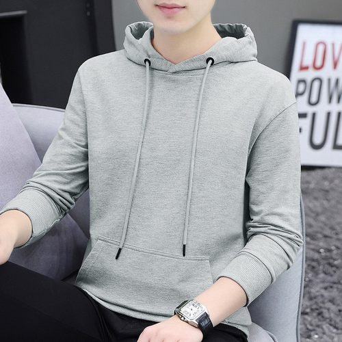 260g重磅长袖t恤男士纯色宽松圆领加厚打底衫男秋冬连帽卫衣EC98