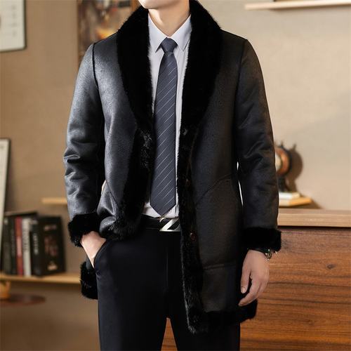 冬季仿水貂绒男翻领加厚中长款外套老钱风男装双面穿皮毛一体EC62