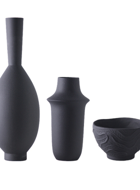 现代简约新中式黑色哑光陶瓷碗花瓶摆件家K居样板间客厅水果盘装