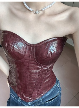 莫希 红色引力 鳄鱼纹PU皮亮面漆皮高级塑身上衣强压收腹鱼骨胸衣