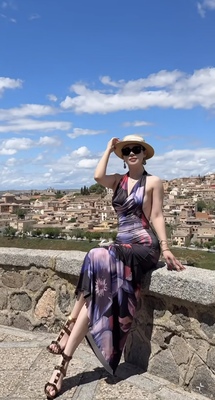 莫希MXON 荡领大露背挂脖立体印花连衣裙低领挂脖度假风性感长裙