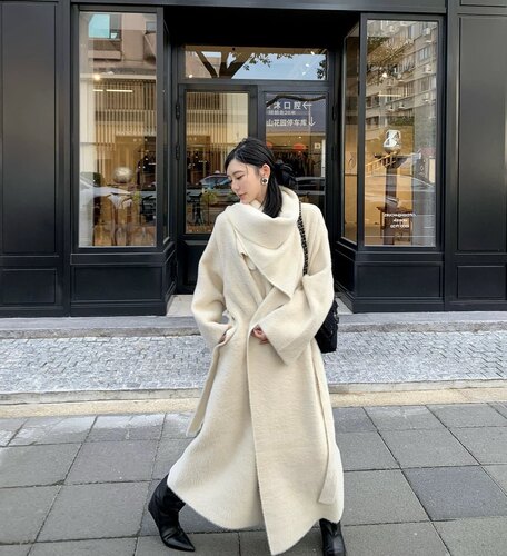 莫希MXON 北岛来信 仿貂绒长款围脖毛呢外套女秋冬高级感大衣外套