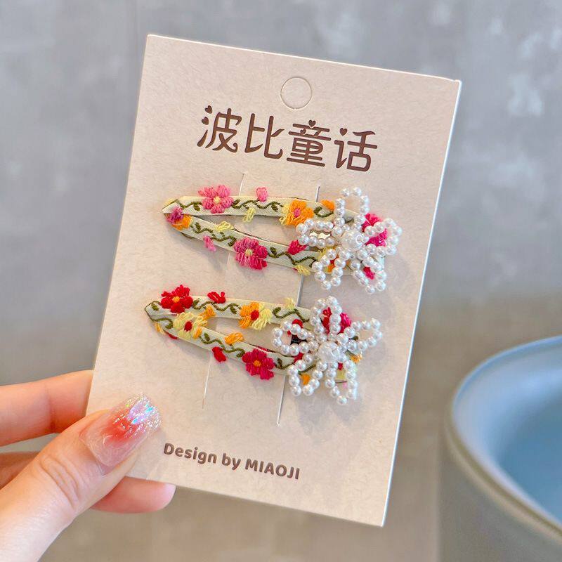 春款小清新刺绣串珠花朵女童BB对夹古风手工儿童发饰头饰发夹