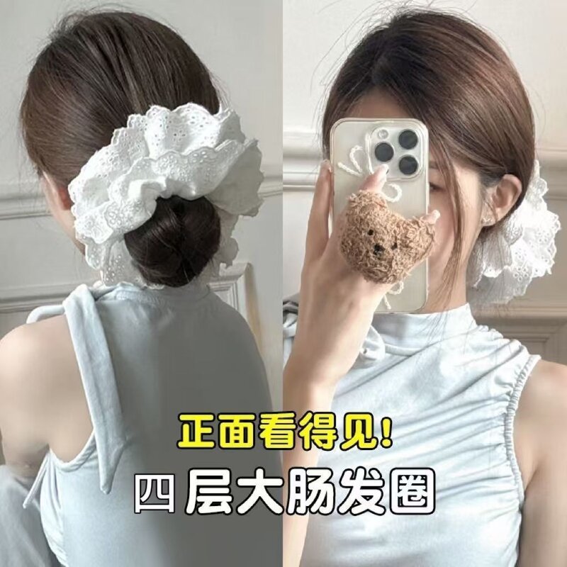20cm四层重工超大蕾丝发圈厚实丸子头盘发高档头饰头绳头花发绳