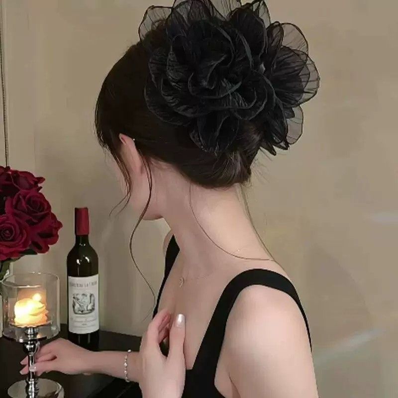 2026高级气质网纱花朵鲨鱼夹女生后脑勺盘发百搭立体抓夹发饰