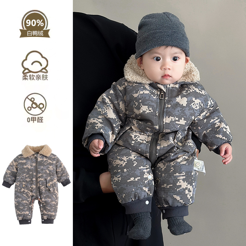 男宝宝羽绒服冬季连体衣新生婴儿衣服冬装男婴冬款加厚抱衣外出服