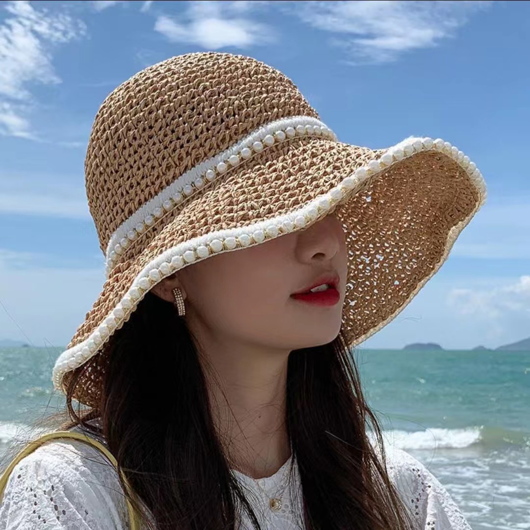 日本品质帽子女编织珍珠草帽夏季薄款遮阳防晒海边沙滩显脸小渔夫