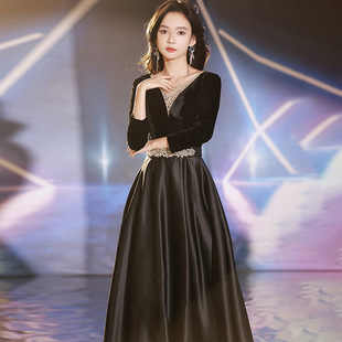 黑色晚禮服女2025新款 日本品質(zhì)法式 宴會氣質(zhì)大氣連衣裙主持人藝考