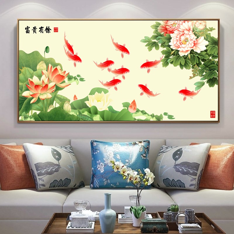 现代简约九鱼图风水招财装饰画荷花壁E画客厅挂画年年有余背景墙图片