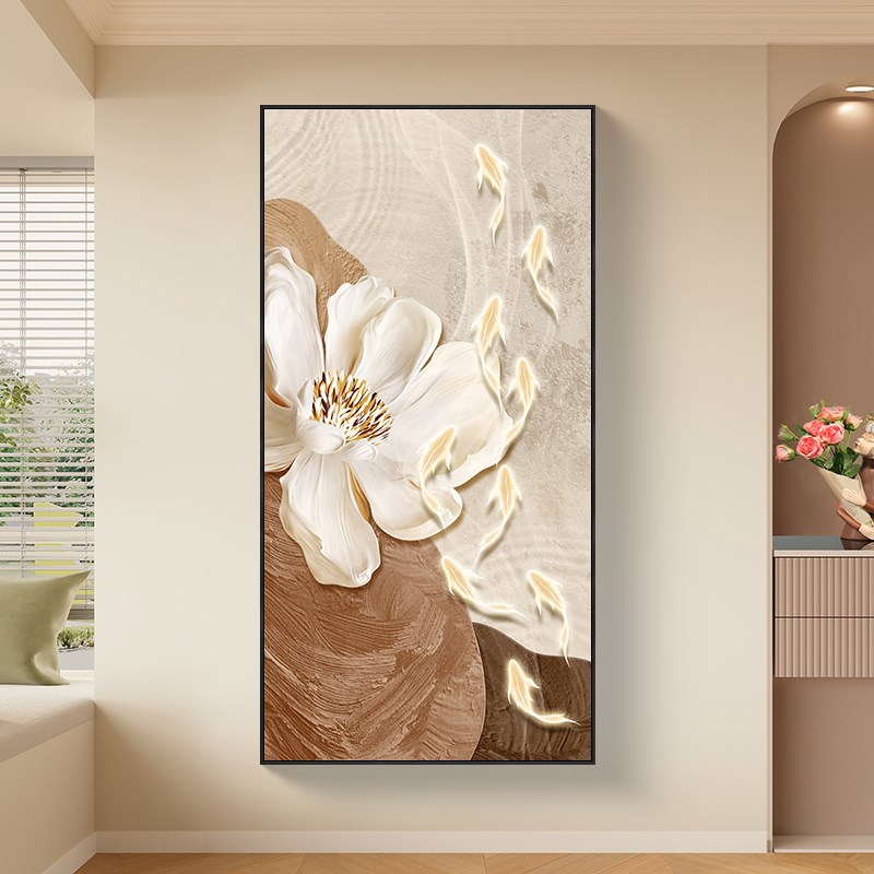 荷花九鱼图玄关装饰画高级感现代简约入户门走廊过T道挂画花开富图片