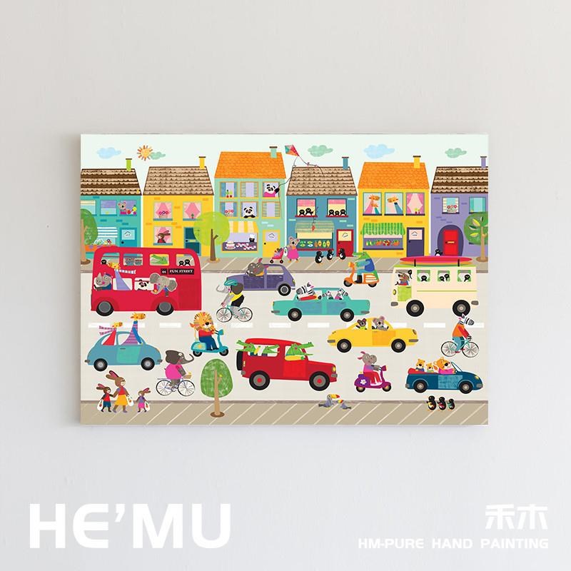 美式抽象卡通动物手绘油画客厅装饰画大幅趣味彩T色儿童房横版挂图片