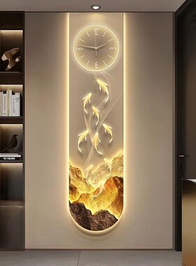 鱼游金山玄关装饰画 画带钟表新中式高档走廊过道挂画 画客厅ULED