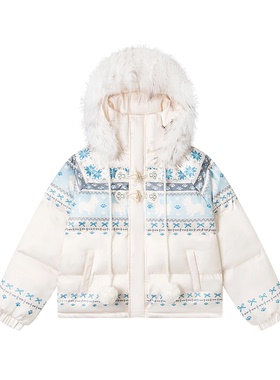 亿万少年原创费尔岛复古雪花兔子毛领连帽棉服外套女秋冬加厚棉衣