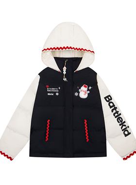 KID 美式雪人刺绣魔术贴连帽棉衣外套男女情侣款宽松加厚棉服