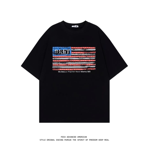 FOCK 美式复古街头风星条旗印花短袖T恤男女宽松落肩袖上衣夏季潮