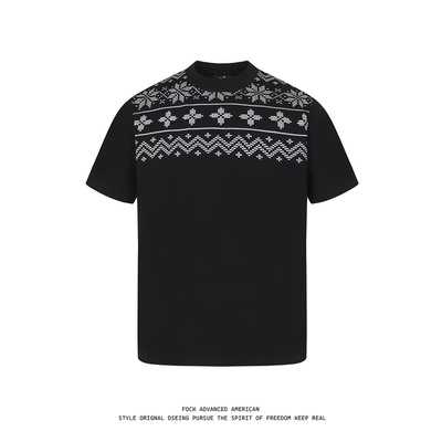 FOCK美式复古费尔岛花纹短袖T恤男女黑色宽松百搭情侣装半袖上衣