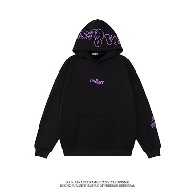 FOCK 复古美式重磅刺绣小火苗春秋冬款连帽卫衣男女宽松情侣外套