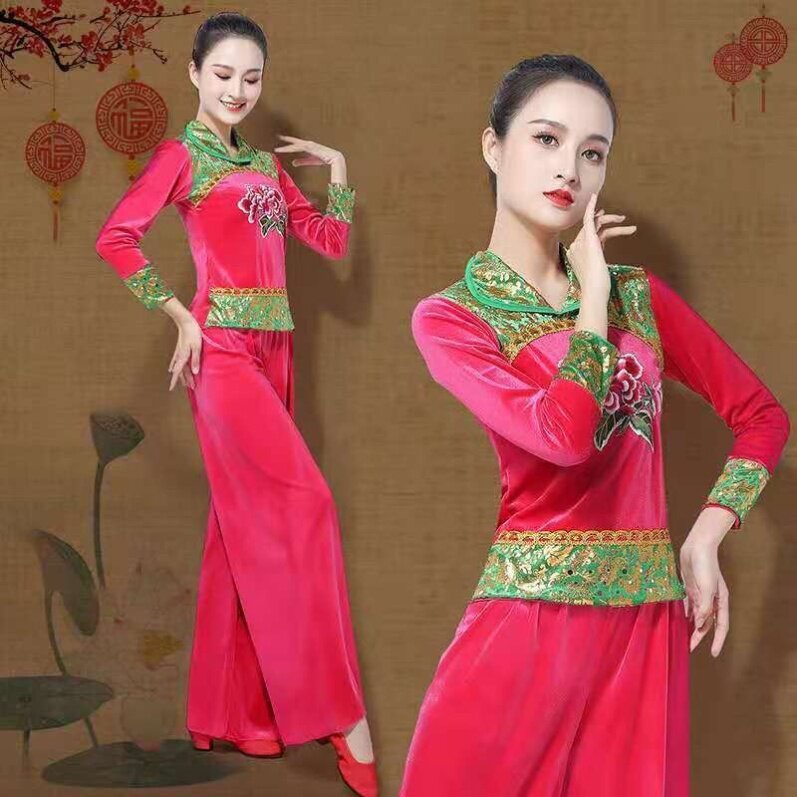 新款秋冬新款广场舞服装套装金丝绒古典舞蹈演出服加厚秧歌服女民