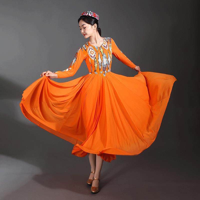 新疆舞大摆裙720度连衣裙维族舞蹈服装女成人艺考演出服广场舞服