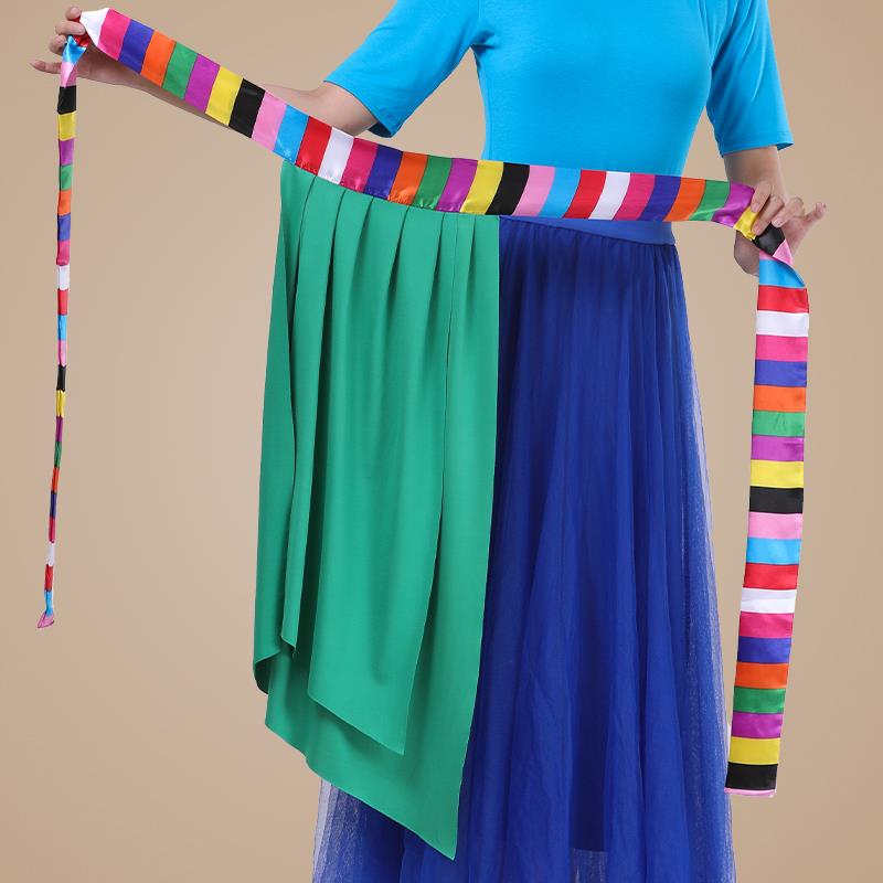 新款百搭一片式小围裙藏族舞蹈演出服装民族风傣族舞七彩飘带裙