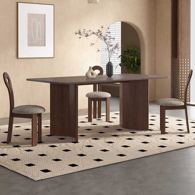 法式复古实木餐桌2023新款美式侘寂中古风奶油系岩石板客厅长方形