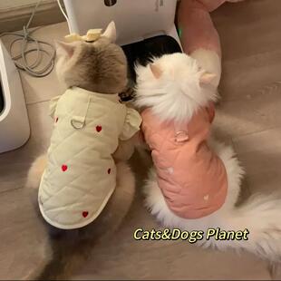 宠物猫咪衣服狗狗棉服背心荷叶袖 秋冬爱心可爱加绒衣蓝金渐层比熊