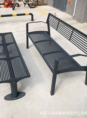 户外长椅黑色不锈钢公o园椅铁艺小区排椅花园休闲座椅.庭院椅子长