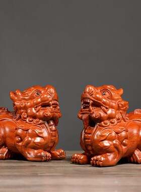 花梨木雕刻貔貅i摆件公母一对实木家居客厅装饰红木皮丘皮休工艺