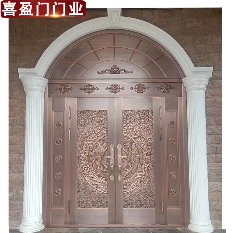喜盈门真铜门圆弧不锈钢门别墅大门入户 双开门浙江永康厂家