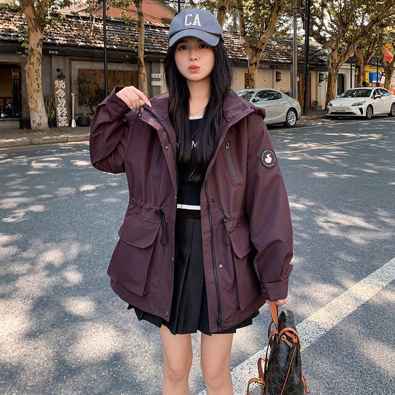 冲锋衣立领外套女2024春秋棒球服收腰中长款防风夹克连帽工装风衣