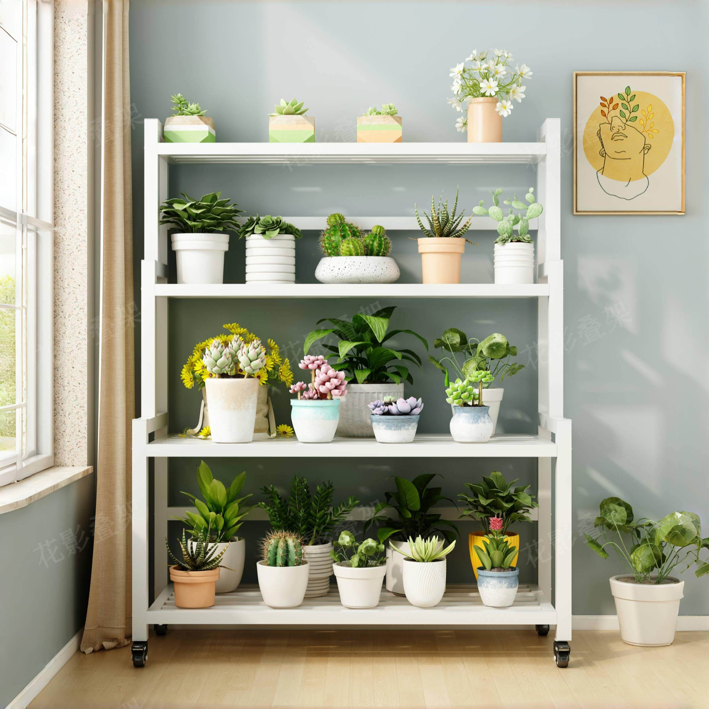 多层架花架置物架阳台客厅落地式可移动新款全钢烤漆花盆一体带轮