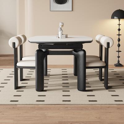 法式复古风大象腿实木岩板伸缩餐桌可变圆桌折叠两用小户型饭桌子