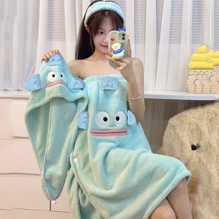 吸水浴巾速干丑卡通四件套鱼 浴袍珊瑚绒可爱浴裙家用毛巾洗澡冬季