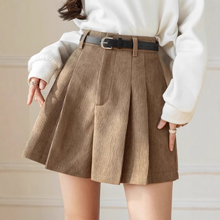 2024加厚灯芯绒加绒百褶裙裤女秋冬新款高腰显瘦百搭a字短裤潮