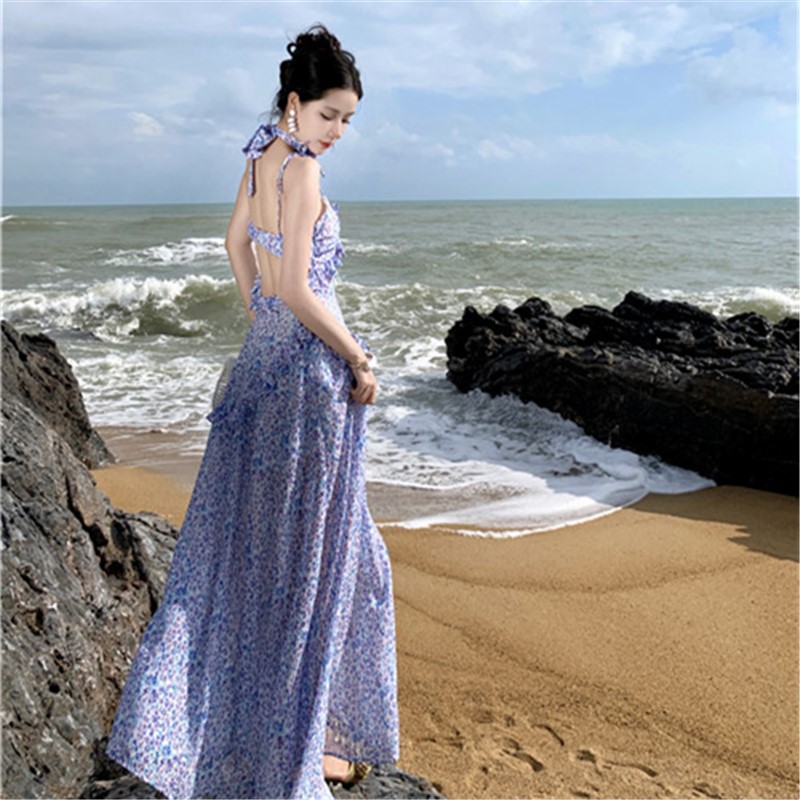 紫色吊带露背碎花连衣裙绝美小裙夏季三亚海边沙滩裙海岛度假穿