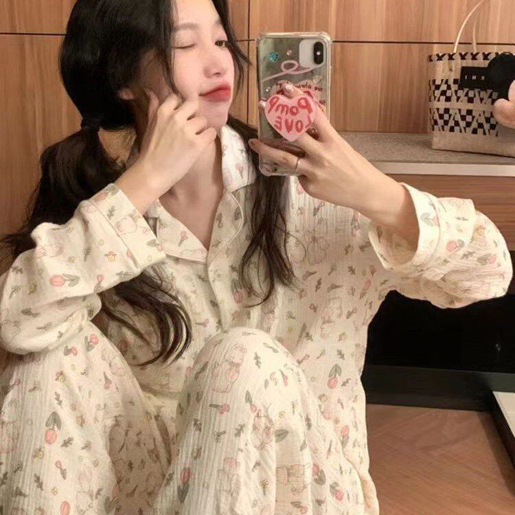 麻开衫俏皮可爱边家居服长裤秋冬女舒服长袖兔子甜美棉花睡衣套装