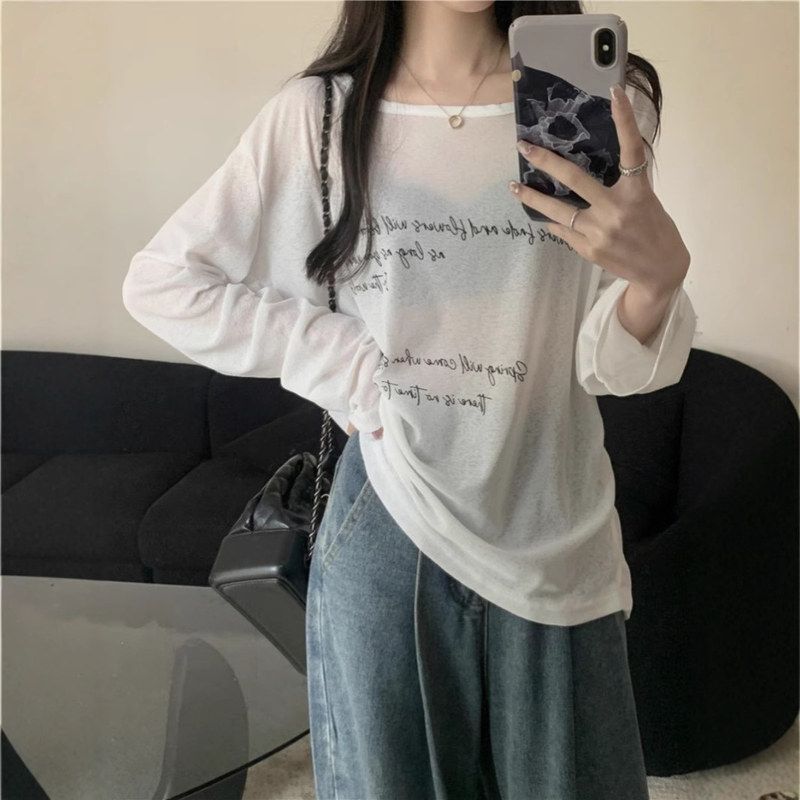 慵懒oversized微透防晒衫长袖T恤女夏季薄款宽松罩衫体恤上衣ins