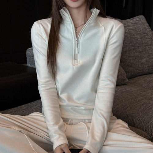 秋冬磨毛拉链款半开领插肩长袖正肩t恤女内搭打底衫外穿显瘦上衣